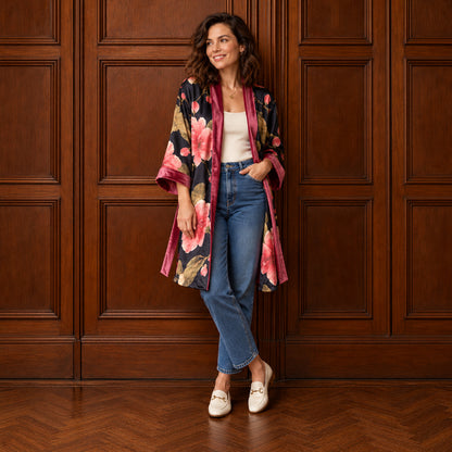 Omkeerbare kimono van fluweel en satijn – Ruby Bloom